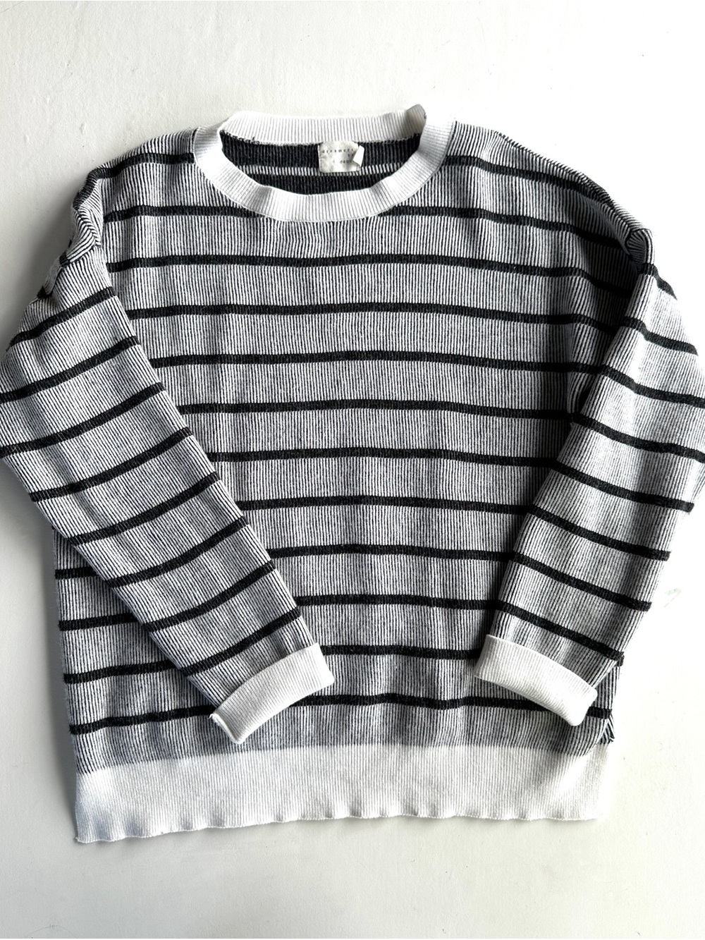 debut White and Black Striped Crewneck Sweater